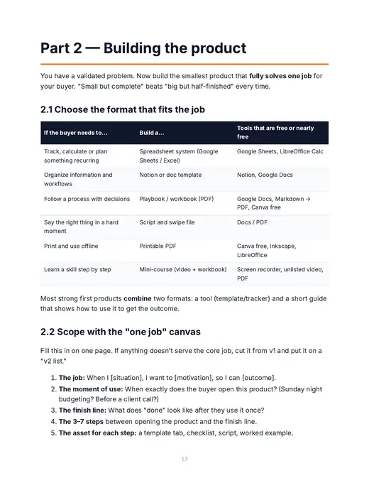Page 13: Part 2, Building the product, with a table matching the buyer's job to a product format and free tools, and the one-job scoping canvas