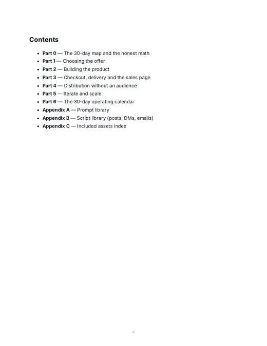 Contents page of the 30-Day Revenue Operator Pack: Parts 0 to 6 and Appendices A to C